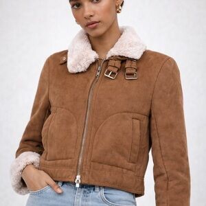 H&M Tan Suede Teddy Jacket with Cream Shearling Collar